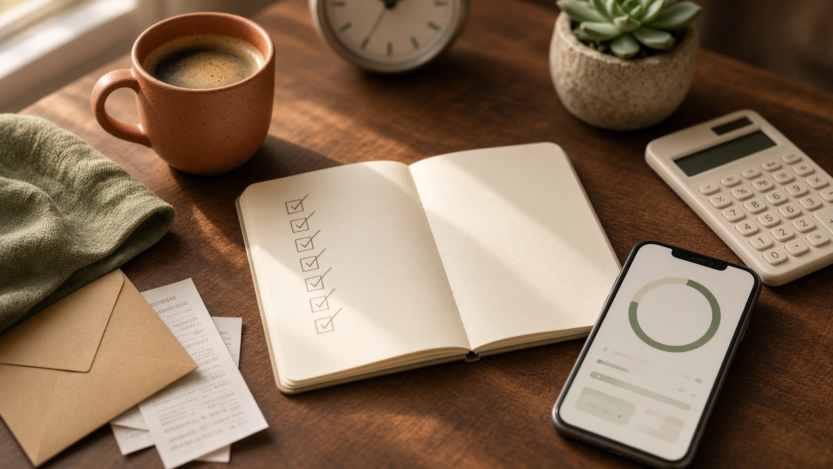 Open notebook with a seven-day checklist, coffee, receipts, and a phone on a wooden desk in morning light
