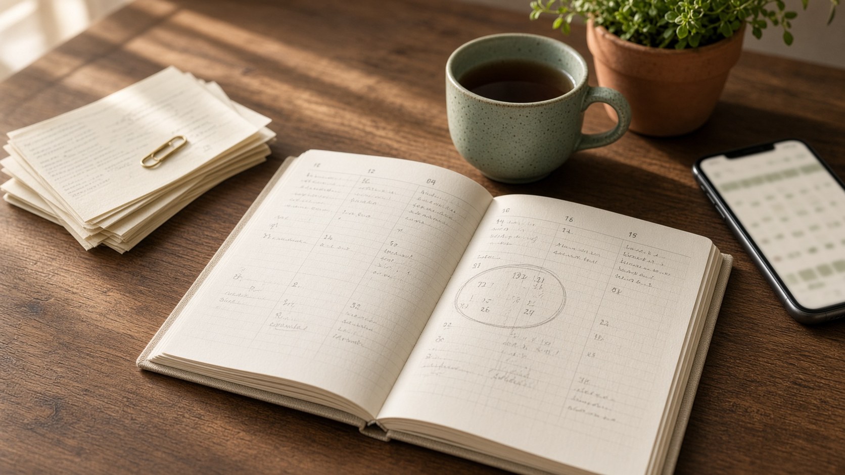 Open linen planner on a wooden desk with a circled date, folded bills, and a phone showing a simple calendar