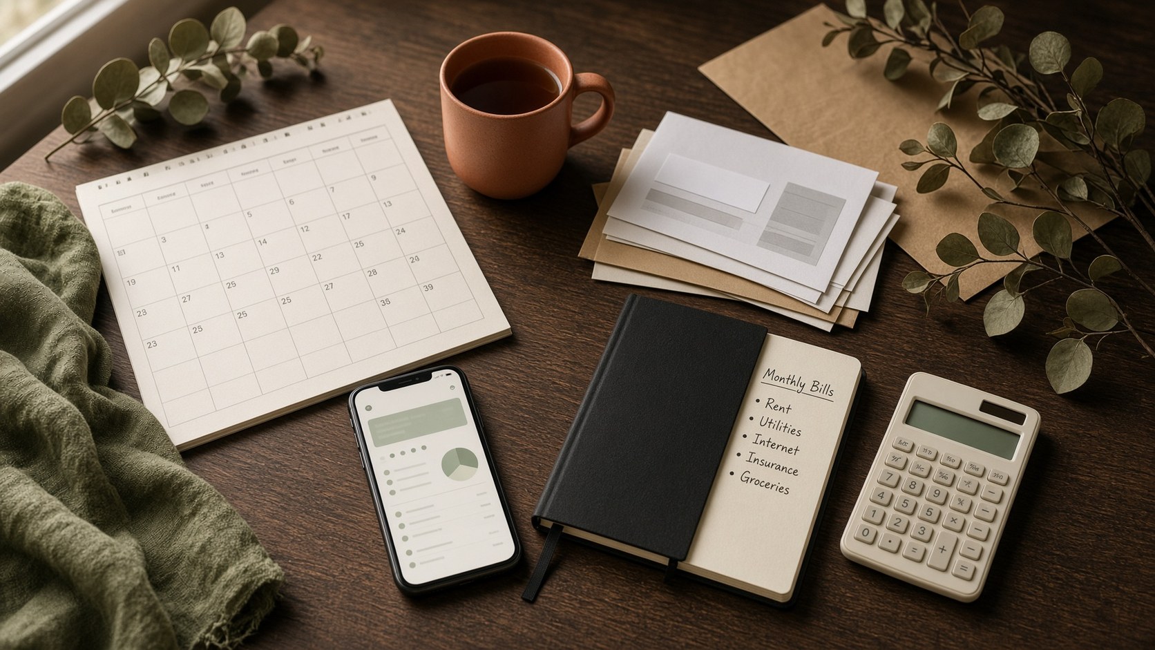 Walnut desk with a monthly calendar, household bills, a handwritten bill list, and a phone showing a simple calendar