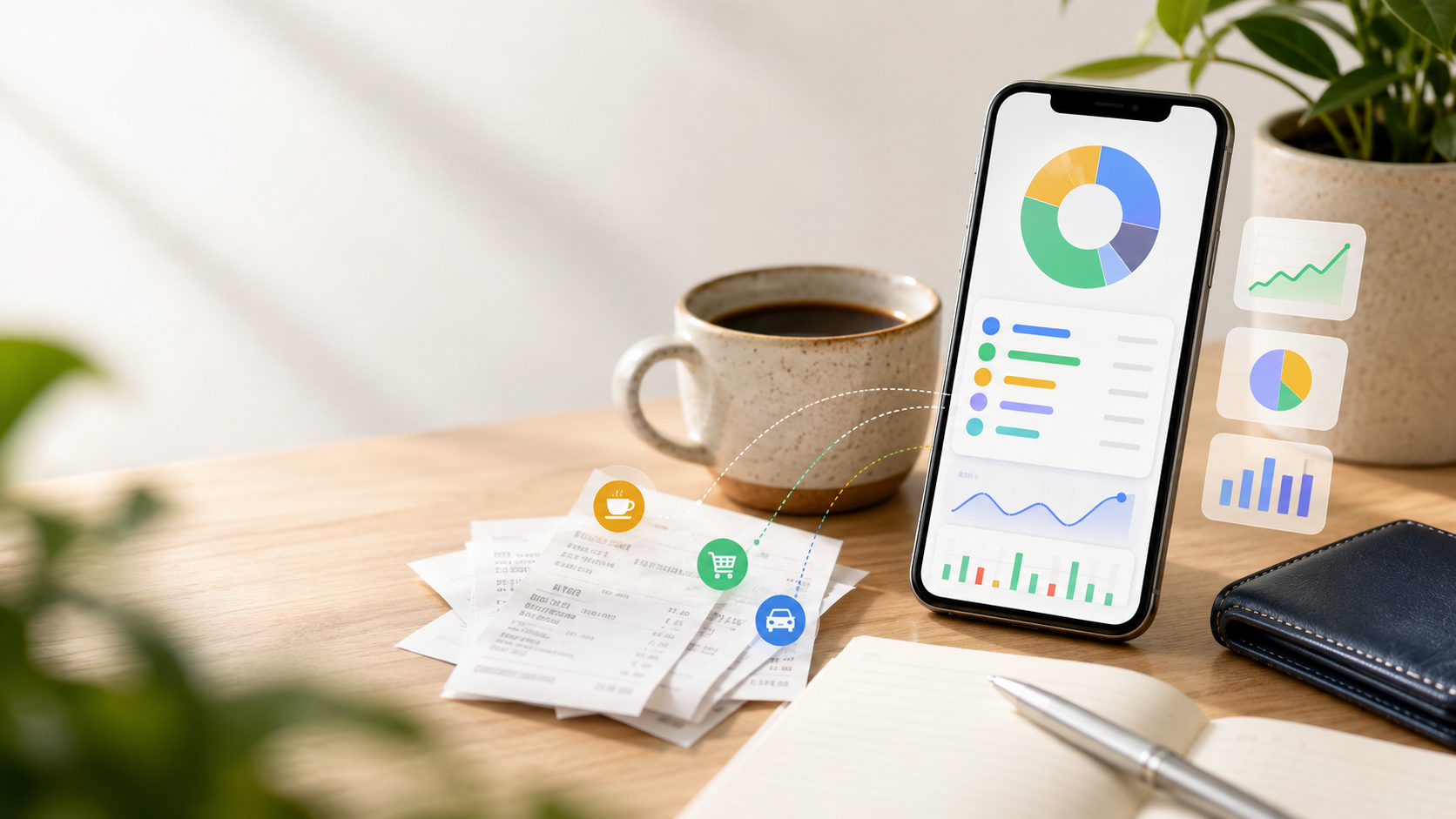 Phone with budgeting charts beside receipts and a notebook on a desk