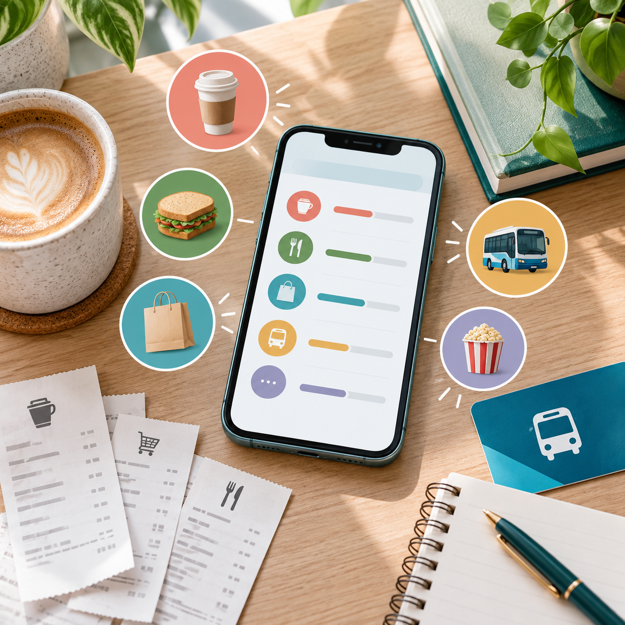 Phone with abstract expense categories beside coffee, receipts, and small purchase icons on a desk
