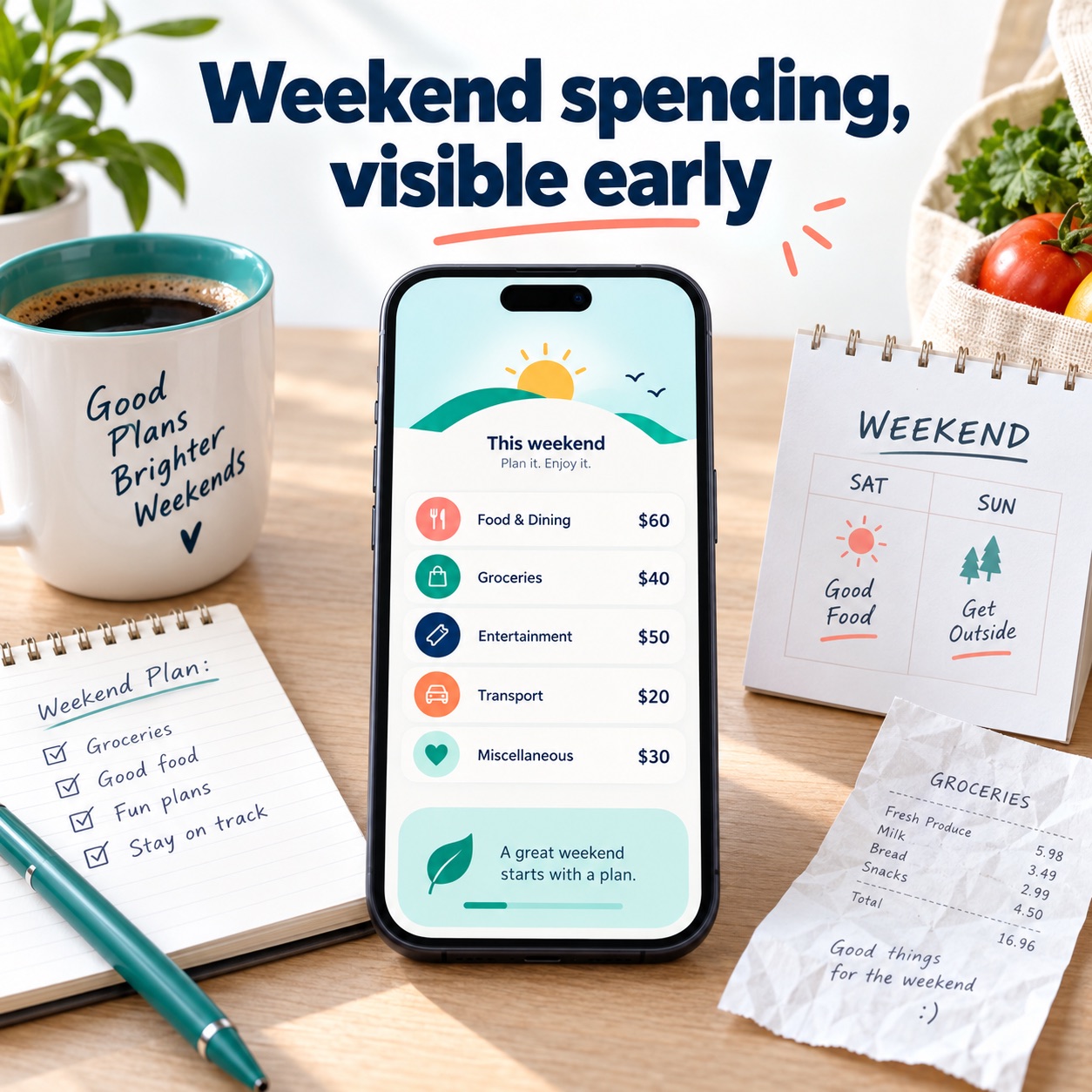 Phone-style budget view on a desk with weekend planning notes and the words Weekend spending, visible early